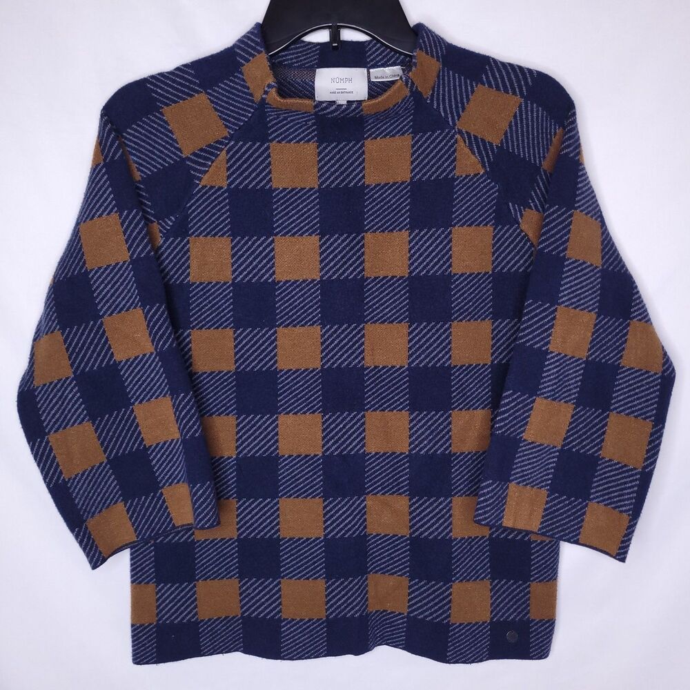 Numph Sweater Womens XS Check Blue Brown Mockneck New Jatoba